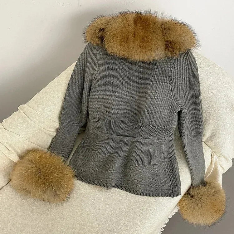 Women's Luxury Fur Coat with Detachable Fox Fur Collar - Autumn/Winter