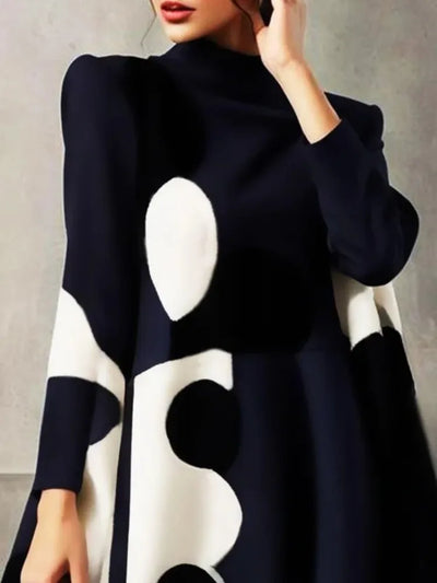 Elegant Polka-Dot High-Neck Long-Sleeve A-Line Party Dress