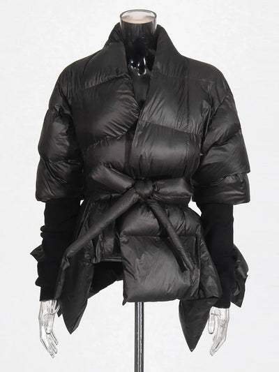 Solid Leather Lace-Up Irregular Parka for Women – V Neck Long Sleeve Winter Coat