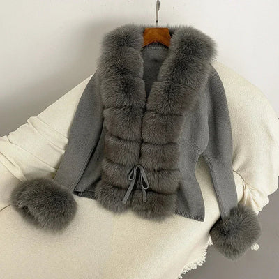 Women's Luxury Fur Coat with Detachable Fox Fur Collar - Autumn/Winter