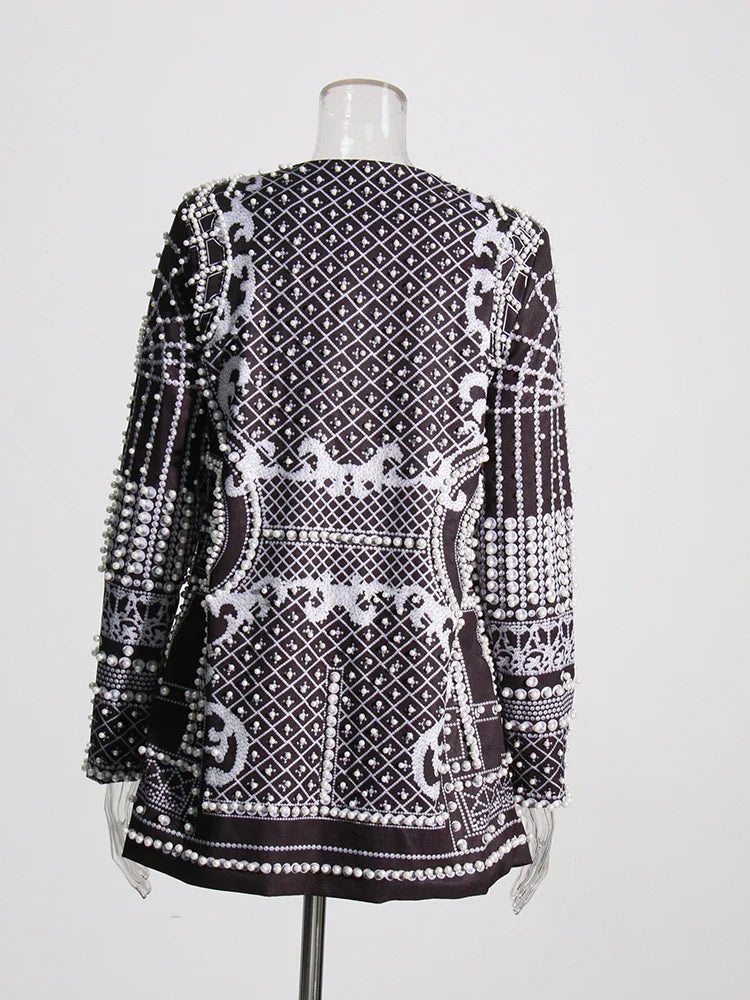 High Street Women's Blazer - V Neck, Long Sleeve, Embroidered Flares, Colorblock Design