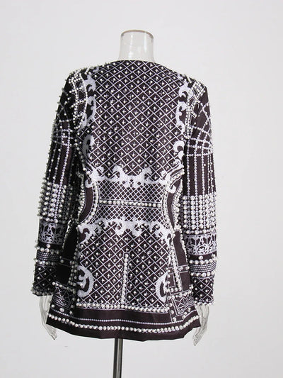 High Street Women's Blazer - V Neck, Long Sleeve, Embroidered Flares, Colorblock Design