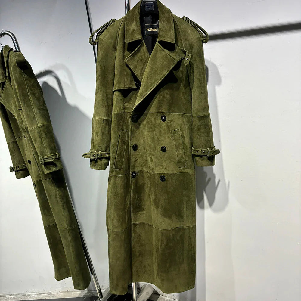 Long Real Leather Trench Coat for Women - Double Breasted Suede