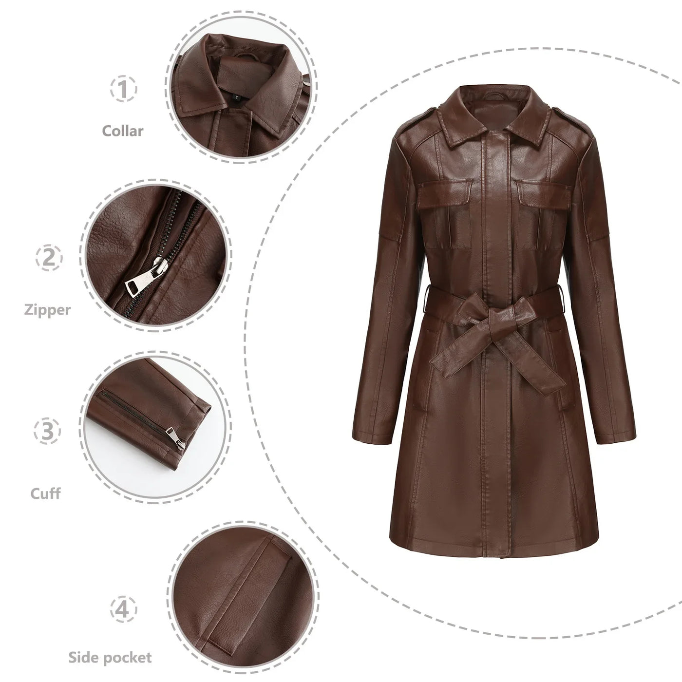 Red PU Leather Waist Lace-Up Long Jacket - Women's Fashion Overcoat