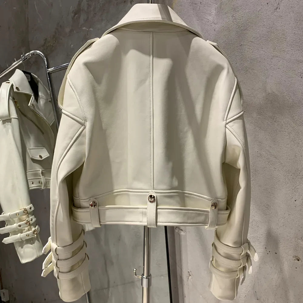 Women's Leather Belt Jacket - Real Sheepskin, Warm Autumn Coat