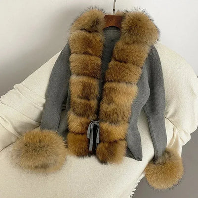 Women's Luxury Fur Coat with Detachable Fox Fur Collar - Autumn/Winter