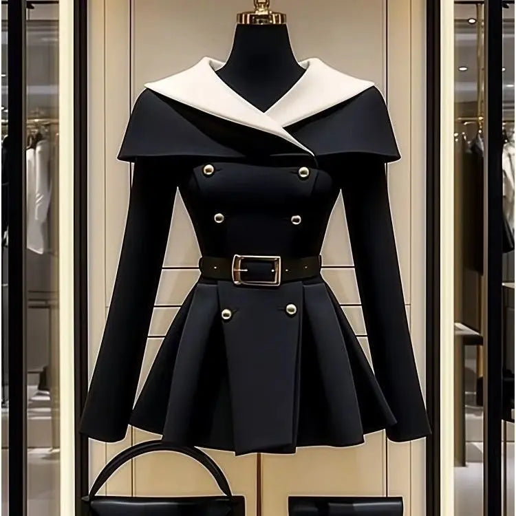 Black Belted Waist Suit Jacket for Women | Stylish Spring/Autumn Coat