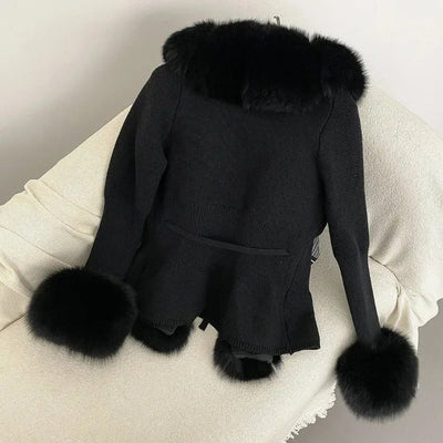 Women's Luxury Fur Coat with Detachable Fox Fur Collar - Autumn/Winter