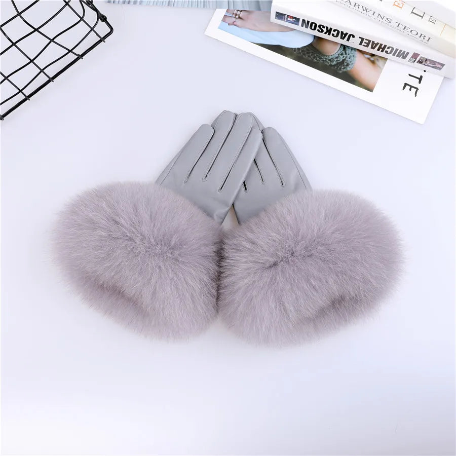 Sheepskin Leather Gloves with Fox Fur Trim – Women's Winter Mittens