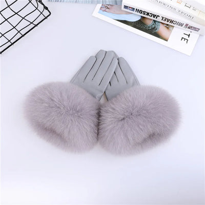 Sheepskin Leather Gloves with Fox Fur Trim – Women's Winter Mittens