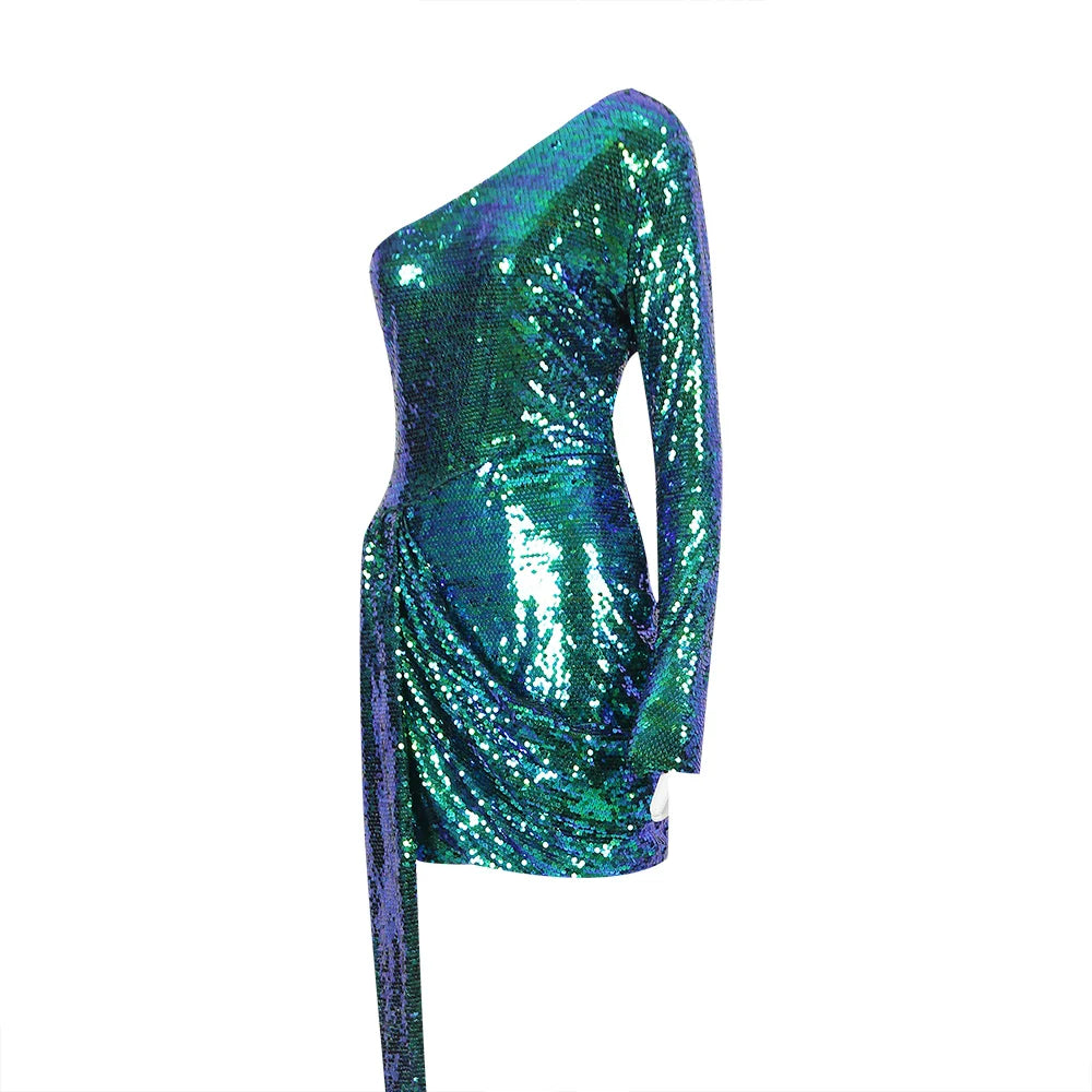 Women’s Green Pink Gold Sequined One Shoulder Party Dress