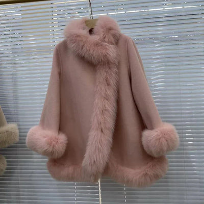 Women's Winter Real Fur Coat with Natural Fox Fur Collar and Wool Blend