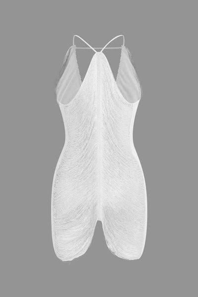 Fringe V-Neck Tassel Mini Dress - Halter Cutout Design