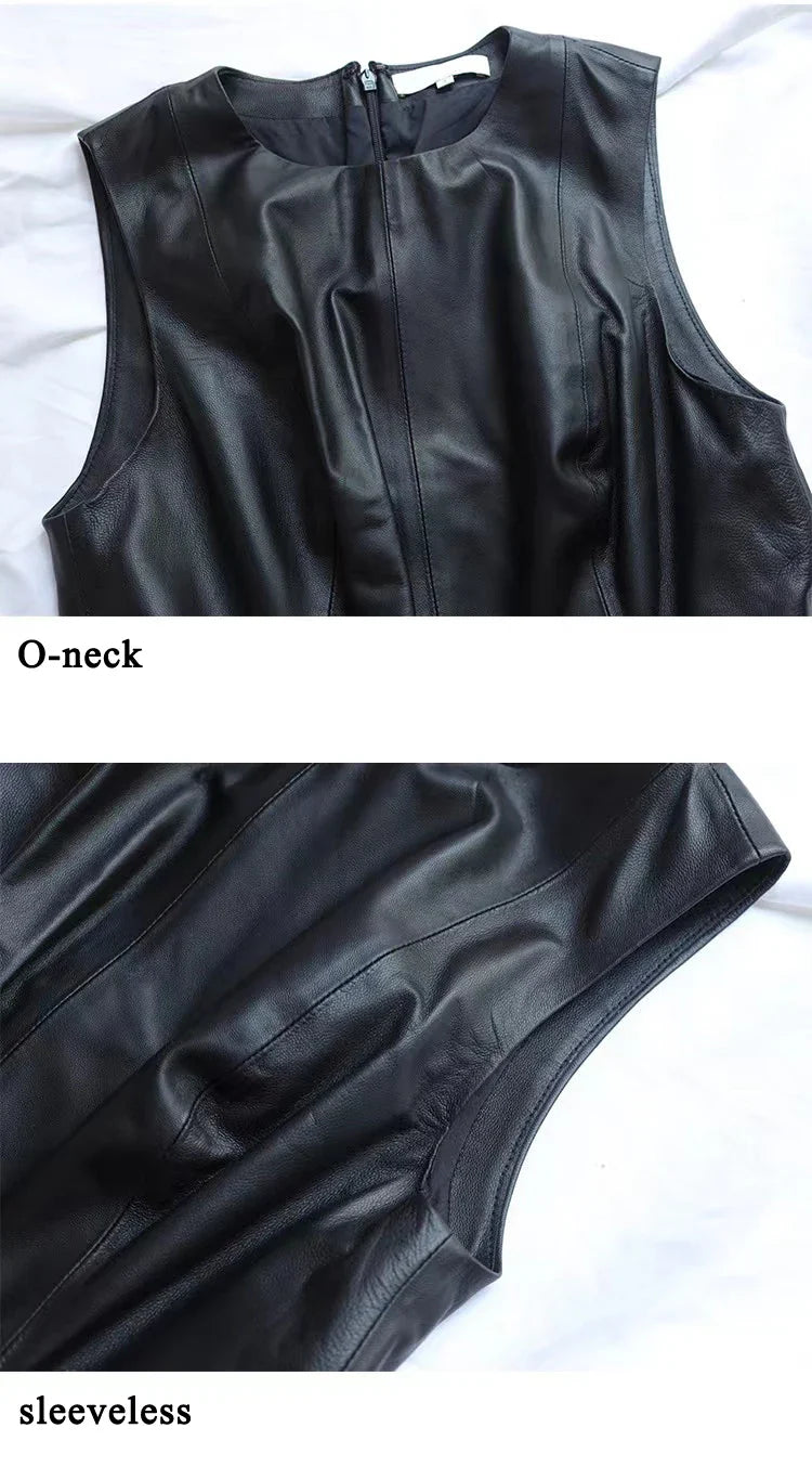 Leather Midi Dress - Sleeveless Pleated Skirt