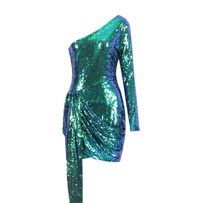 Women’s Green Pink Gold Sequined One Shoulder Party Dress