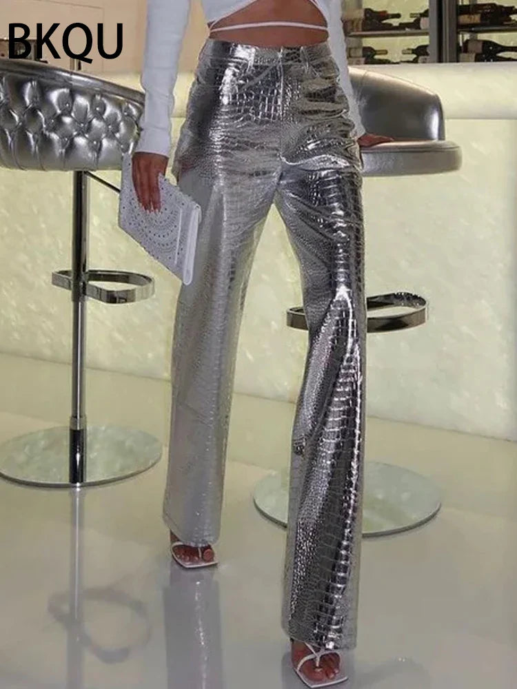 High Waisted Baggy PU Pants | Silver & Gold Loose Trousers