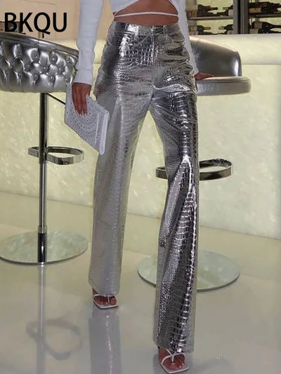 High Waisted Baggy PU Pants | Silver & Gold Loose Trousers