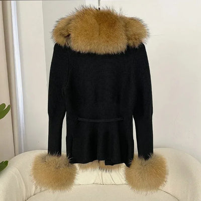 Women's Luxury Fur Coat with Detachable Fox Fur Collar - Autumn/Winter