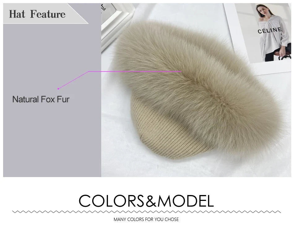 Stylish Winter Beanie Hat with Natural Fox Fur