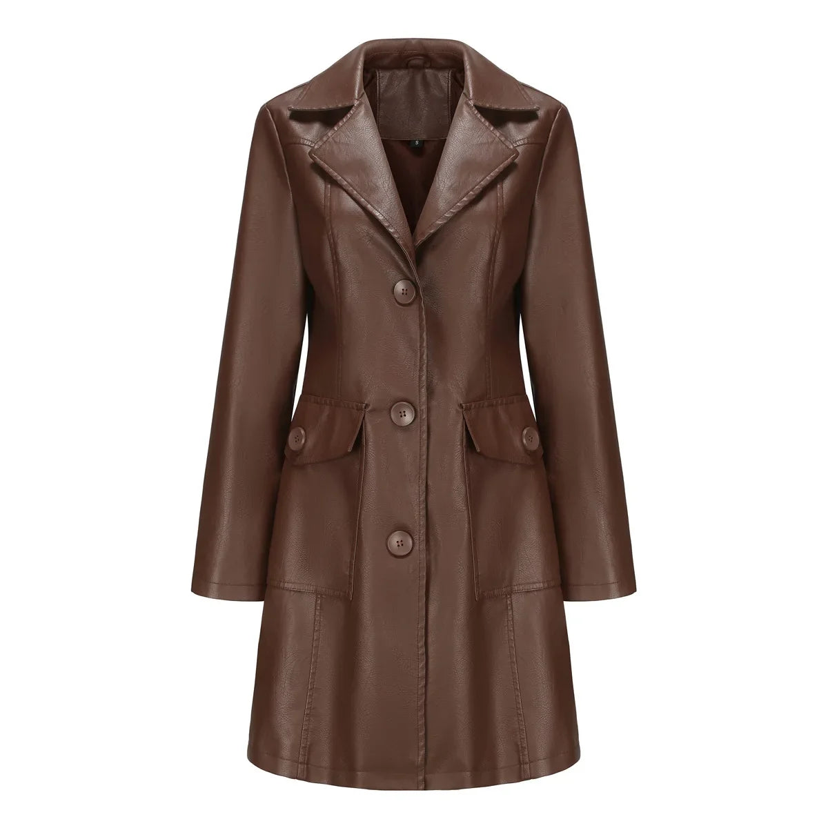 Red PU Leather Waist Lace-Up Long Jacket - Women's Fashion Overcoat