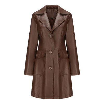 Red PU Leather Waist Lace-Up Long Jacket - Women's Fashion Overcoat