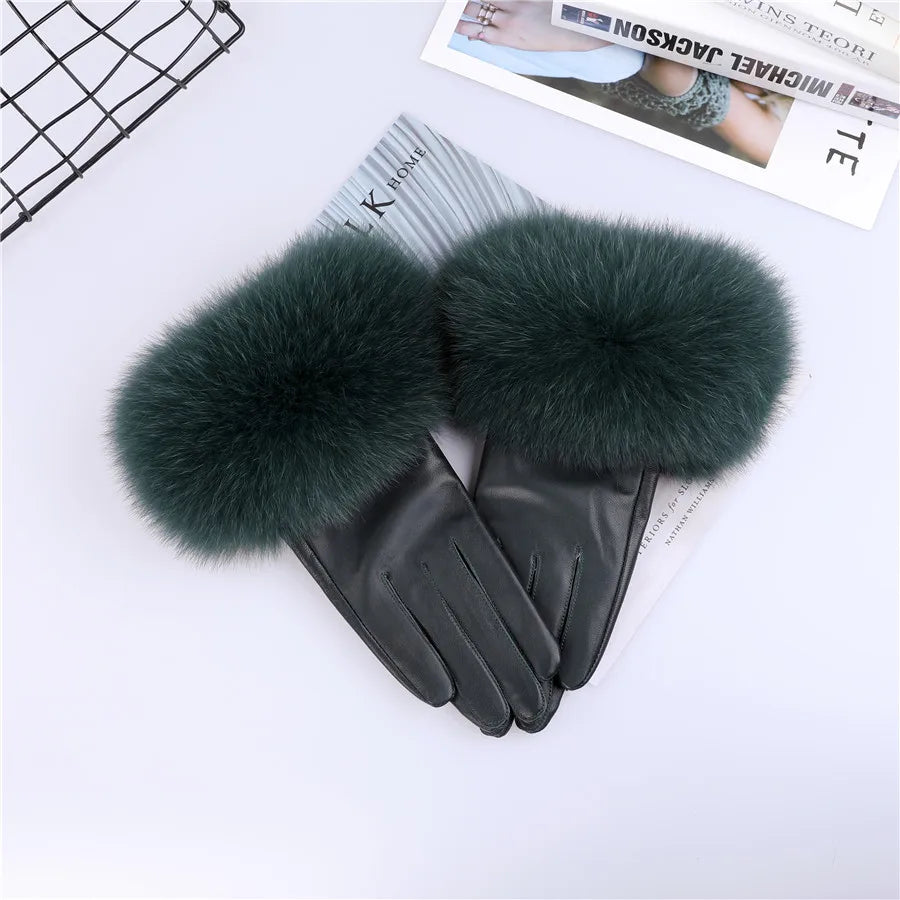 Sheepskin Leather Gloves with Fox Fur Trim – Women's Winter Mittens