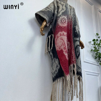 Winter Coat for Women - Luxury Cashew Print Long Overcoat with Tassels