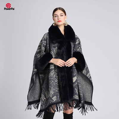 Soft Warm Wool Blend Cape Coat with Faux Fur and Tassels for Women