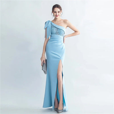 Candy Color Satin One-Shoulder Evening Dress with Slit and Appliques