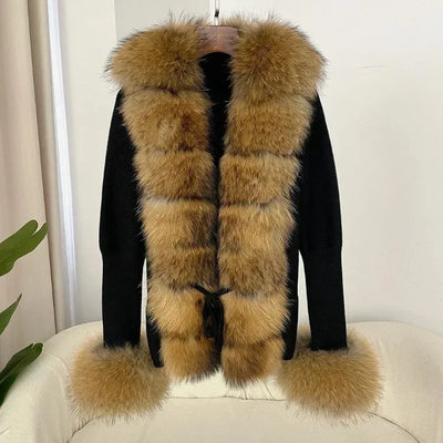 Women's Luxury Fur Coat with Detachable Fox Fur Collar - Autumn/Winter