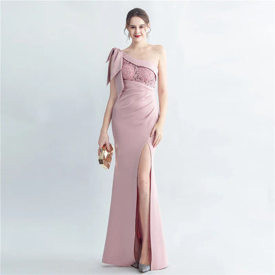 Candy Color Satin One-Shoulder Evening Dress with Slit and Appliques