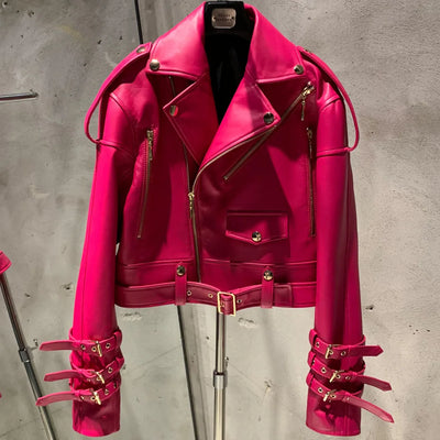 Women's Leather Belt Jacket - Real Sheepskin, Warm Autumn Coat