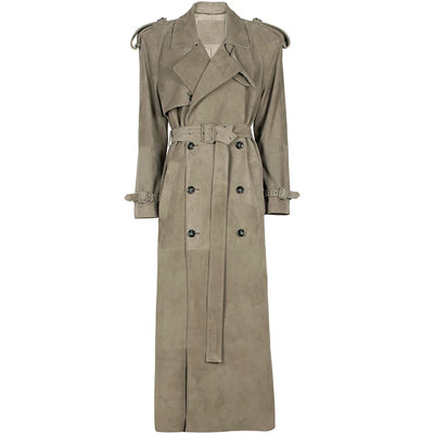 Long Real Leather Trench Coat for Women - Double Breasted Suede