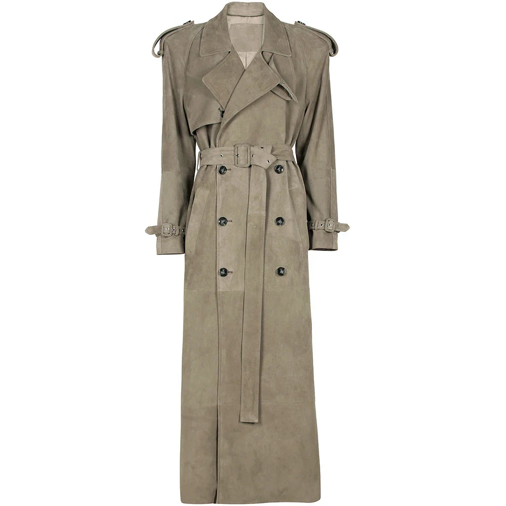 Long Real Leather Trench Coat for Women - Double Breasted Suede