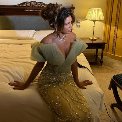Luxury Dubai Sage Green Mermaid Evening Dress - Off Shoulder Formal Party Gown