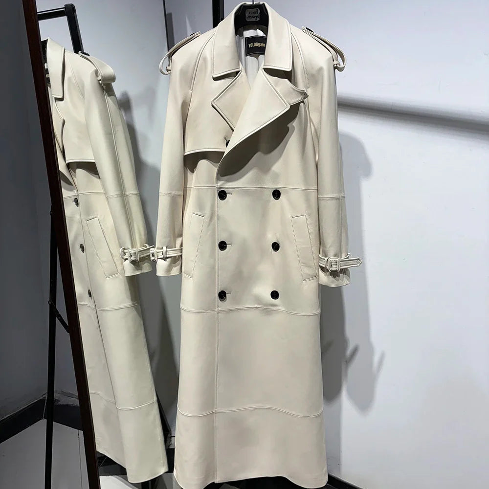 Long Real Leather Trench Coat for Women - Double Breasted Suede