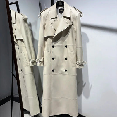 Long Real Leather Trench Coat for Women - Double Breasted Suede