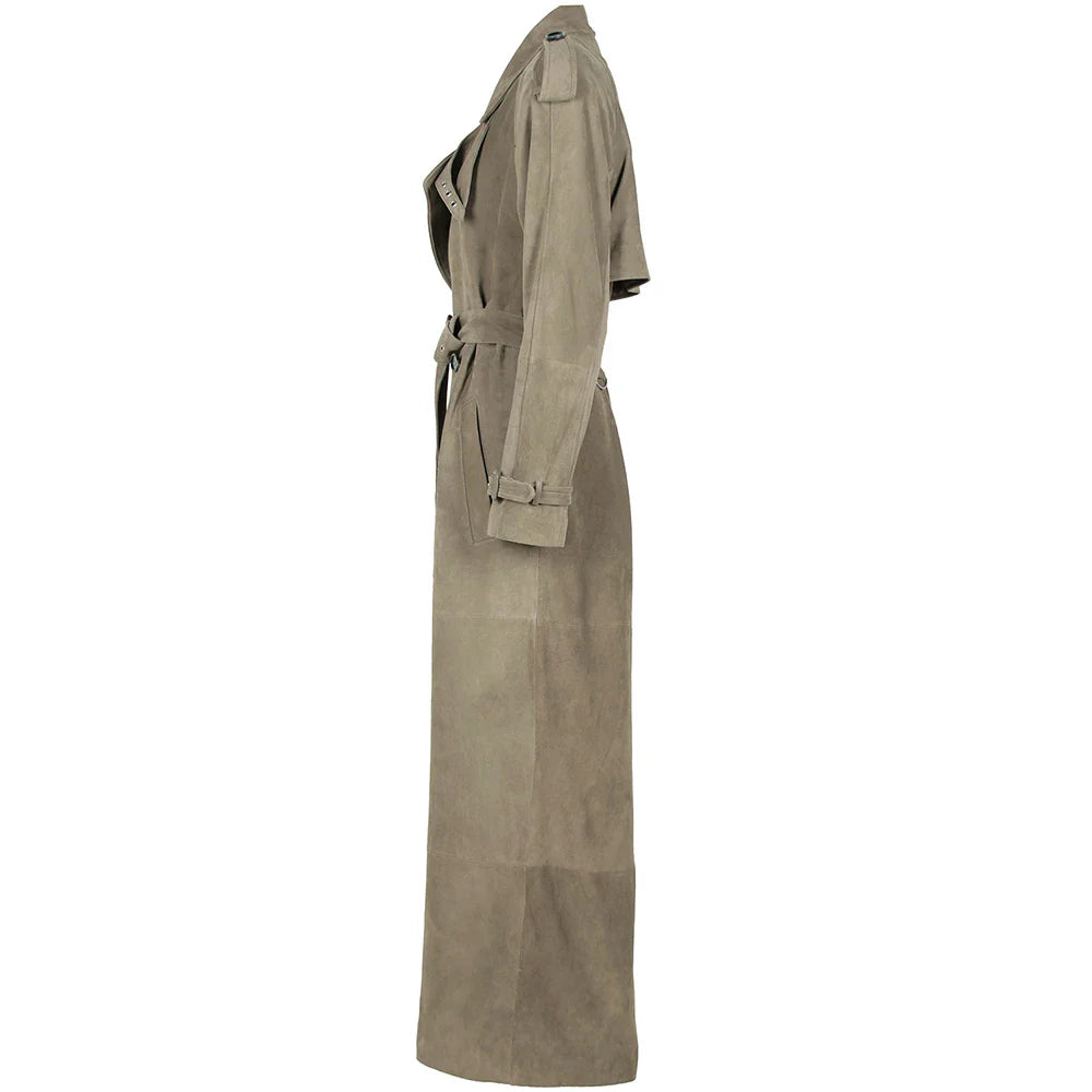 Long Real Leather Trench Coat for Women - Double Breasted Suede