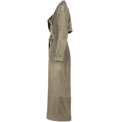 Long Real Leather Trench Coat for Women - Double Breasted Suede