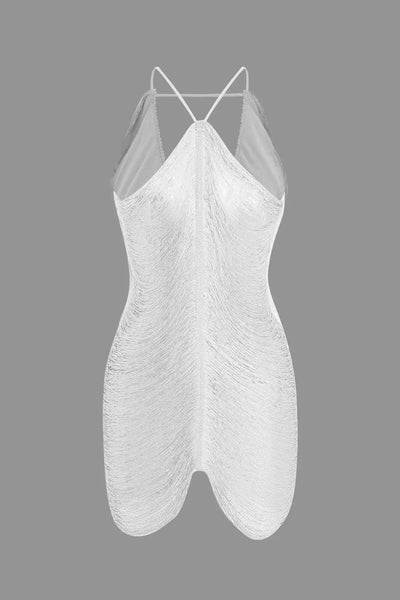 Fringe V-Neck Tassel Mini Dress - Halter Cutout Design