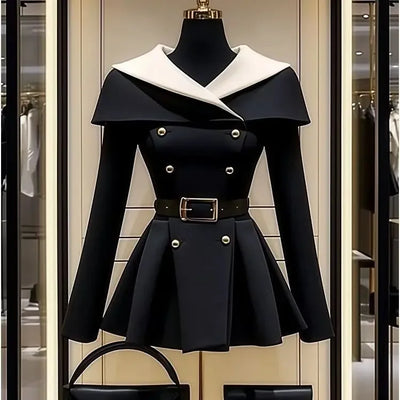 Black Belted Waist Suit Jacket for Women | Stylish Spring/Autumn Coat