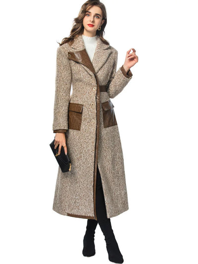 Women Elegant Patchwork Windbreaker with PU Leather Splice and Belt