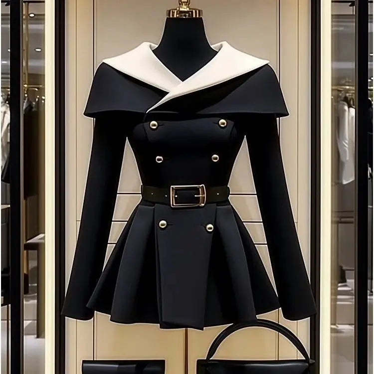 Black Belted Waist Suit Jacket for Women | Stylish Spring/Autumn Coat