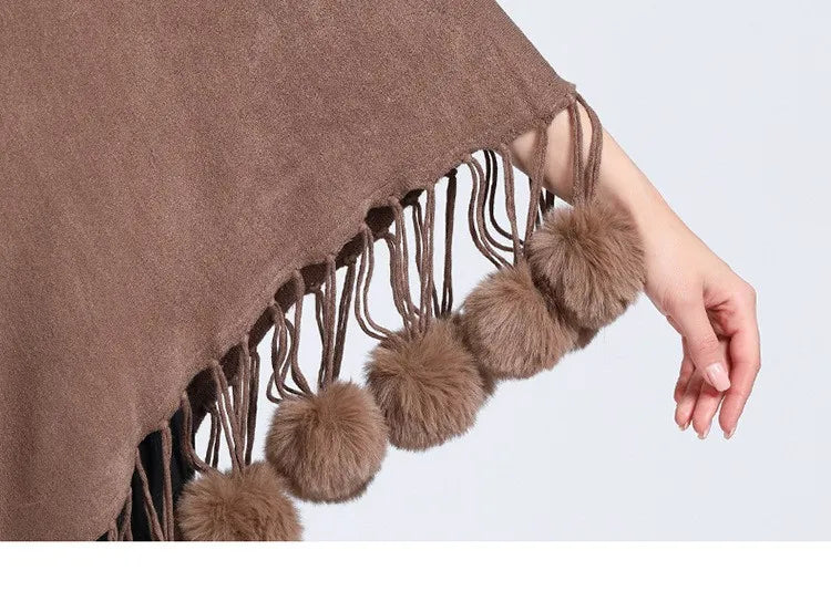 Poncho Scarf with Faux Fur Collar and Fringed Shawl