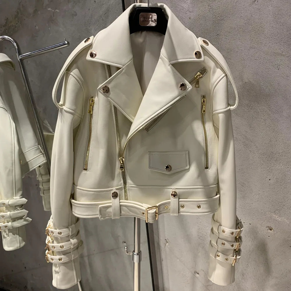 Women's Leather Belt Jacket - Real Sheepskin, Warm Autumn Coat