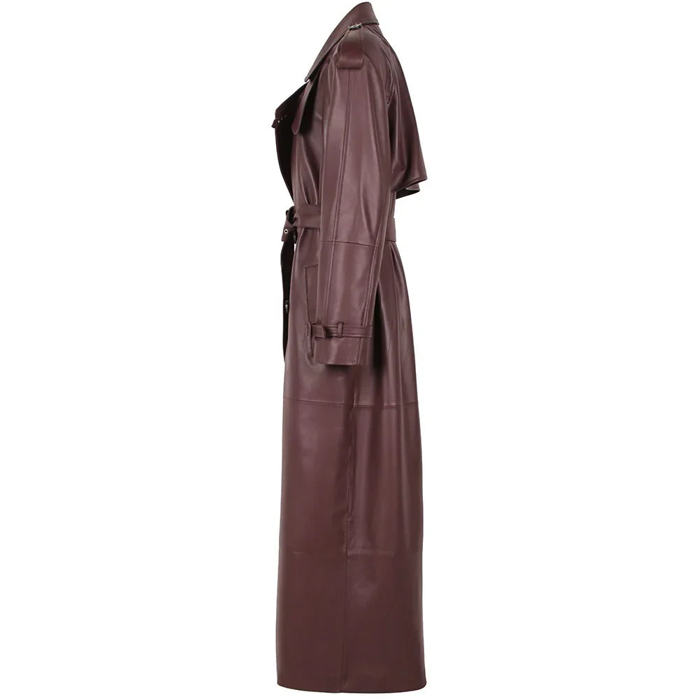 Long Real Leather Trench Coat for Women - Double Breasted Suede