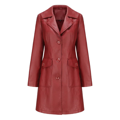 Red PU Leather Waist Lace-Up Long Jacket - Women's Fashion Overcoat