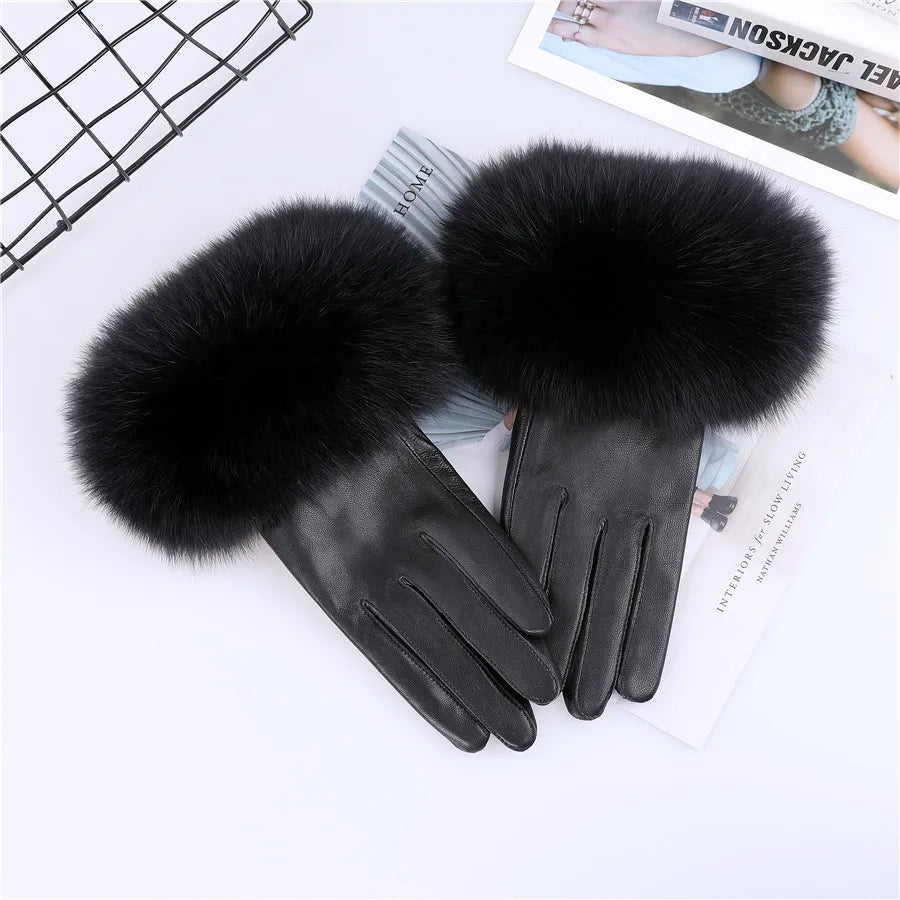 Sheepskin Leather Gloves with Fox Fur Trim – Women's Winter Mittens
