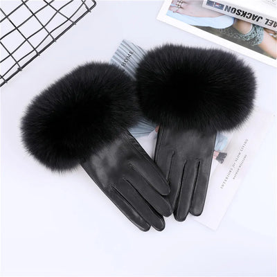 Sheepskin Leather Gloves with Fox Fur Trim – Women's Winter Mittens