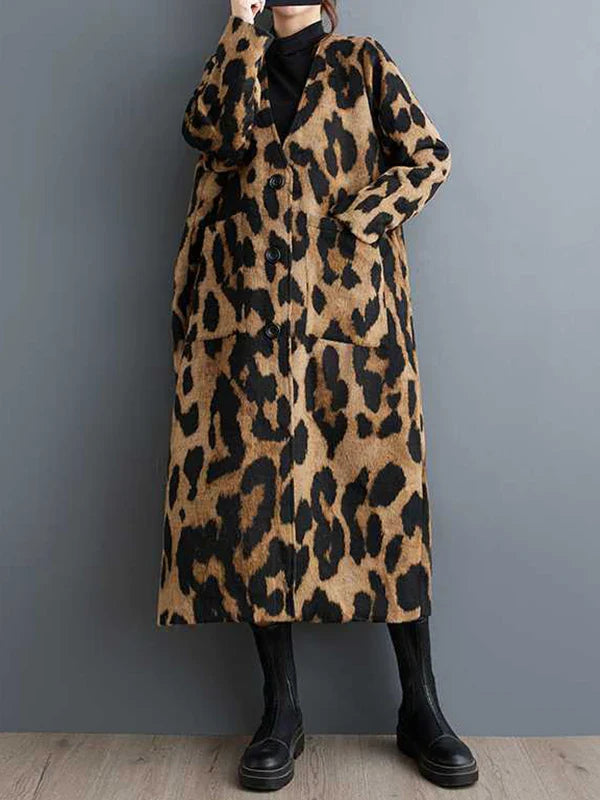 Fashionable Leopard Print Trench Coat | V-Neck, Loose Fit